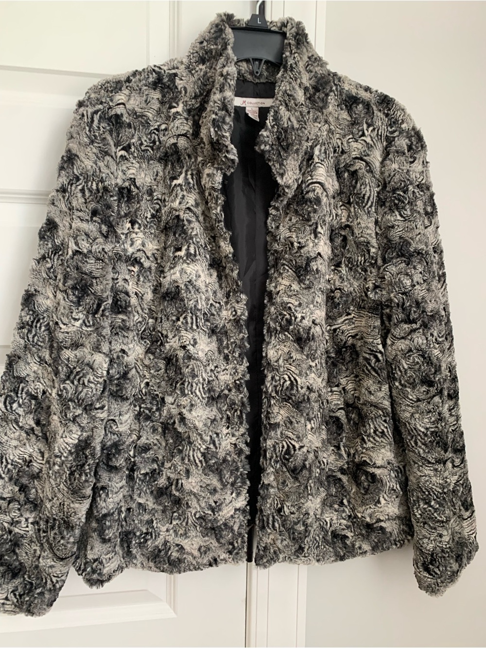 M Collection Textured Faux Fur Jacket in Gray and Black